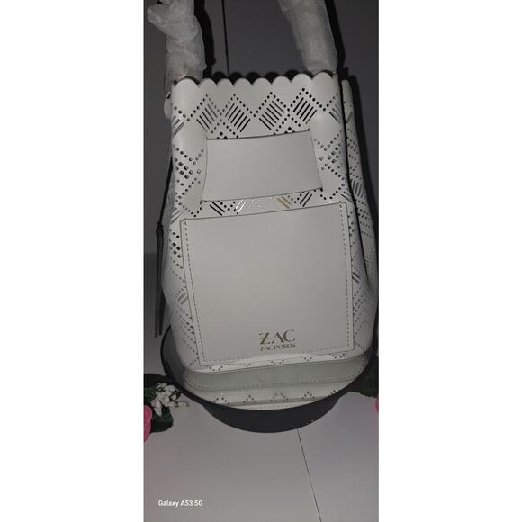 NWT! Zac Posen Brigete Leather Buckle Pocket Perforated Lace Bag Dove MSRP: $398 - Picture 4 of 9